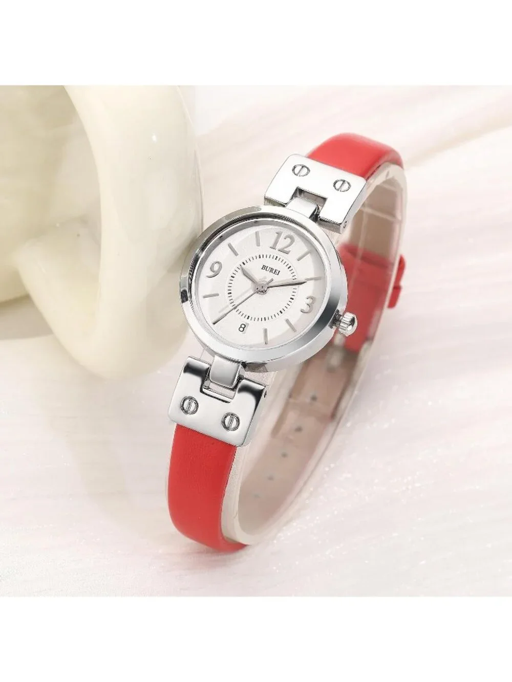 Women's Silver Red Gold Elegant Dial with Leather Strap Minimalist Wrist Watch